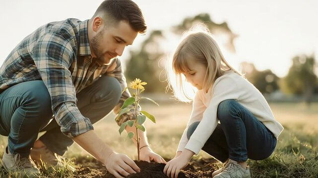 Father and daughter planting a tree together in a sunlit field
