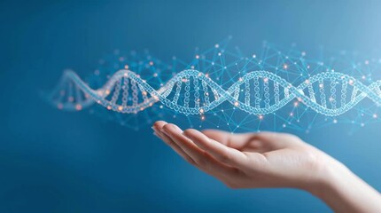 Abstract hologram of DNA helix in a hand on a blue background - Powered by Adobe