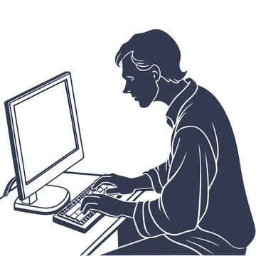 man typing at computer, silhouette style clip art preview