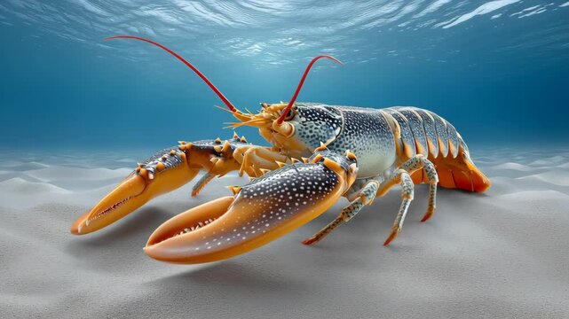 Large lobster is on the sand, with its claws extended. The image has a calm and peaceful mood, as the lobster is in its natural habitat
