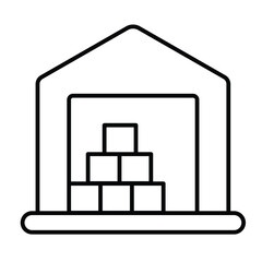 Marine warehouse thin line icon, marine port concept. Vector graphics. Warehouse building with boxes, delivery service sign on white background, style mobile or design.