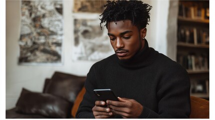 Young man using phone at home casually