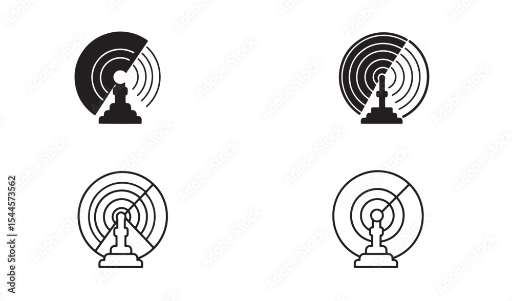 Poster four minimalist radar icons displaying communication detection and data transmission across a white 