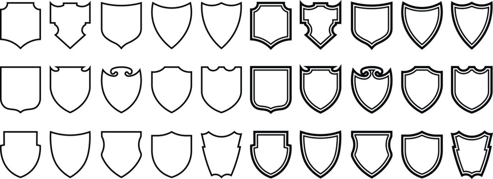 Collection of various shield shapes and designs in black and white isolated on white - Powered by Adobe
