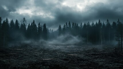 a clear-cut forest with a dark, polluted sky, creating an apocalyptic atmosphere, 