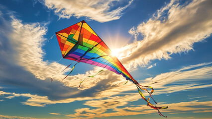 Rainbow kite fluttering against bright sun in sky, summer activities for kids