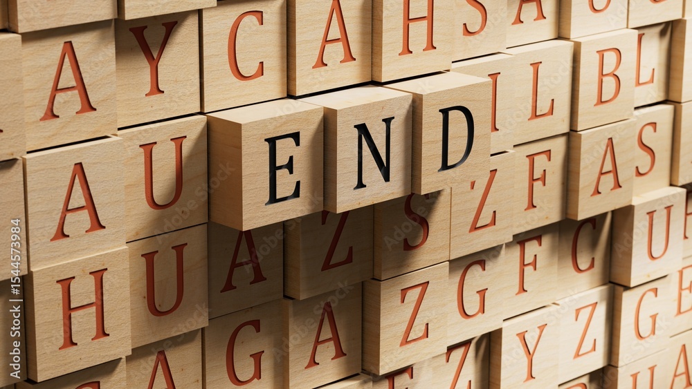 Poster end.wooden blocks spelling.flat lay view from above on wooden blocks buttons.it technology concept.3