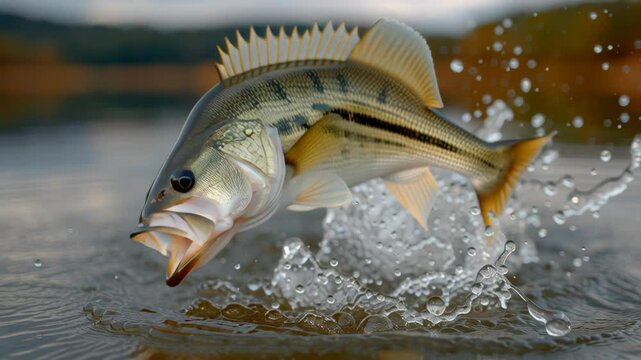 Large fish is leaping out of the water. The water is calm and the fish is the main focus of the image