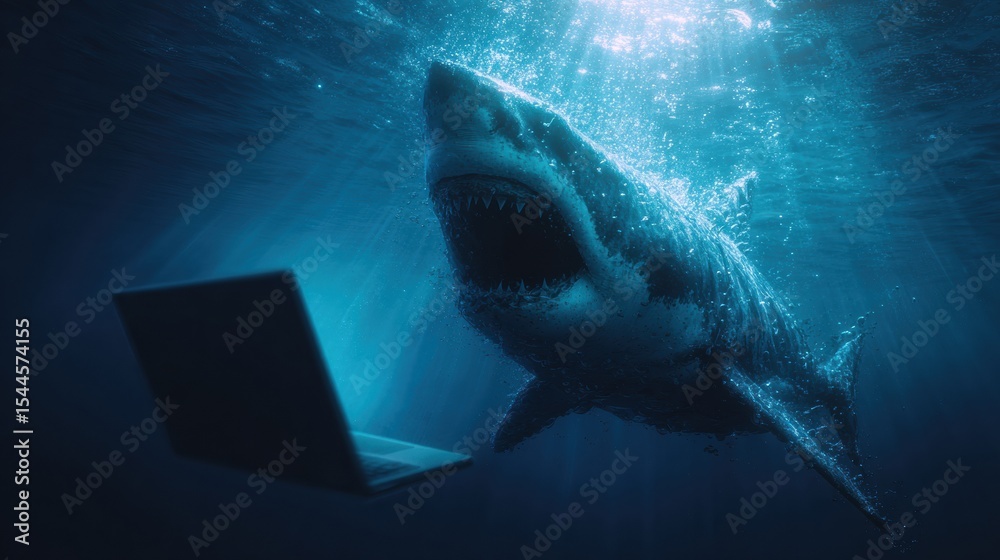 Aufkleber Recognizing Common Phishing Email Traits Through a Creative Underwater Imagery of a Shark and a Laptop at Twilight