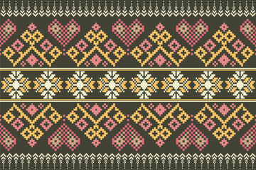 Cross Stitch pattern with Floral Designs. Traditional cross stitch needlework. Geometric Ethnic pattern, Embroidery, Textile ornamentation, fabric, Hand stitched pattern, Cultural stitching pixel art.