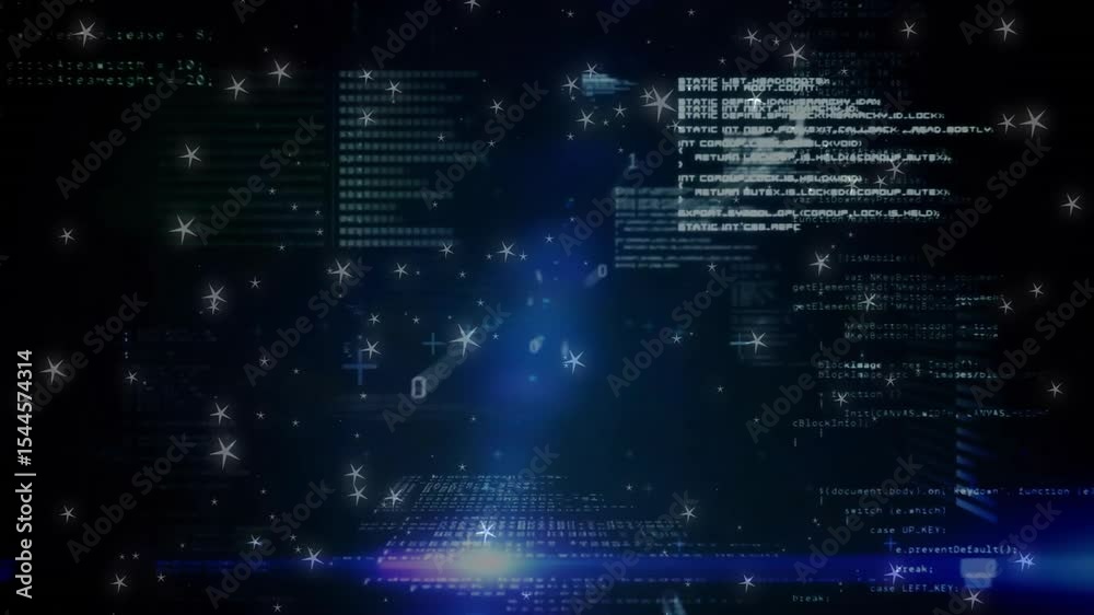 Poster glowing beam sweeping bottom activating code snippets floating across starry digital void