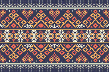 Cross Stitch pattern with Floral Designs. Traditional cross stitch needlework. Geometric Ethnic pattern, Embroidery, Textile ornamentation, fabric, Hand stitched pattern, Cultural stitching pixel art.