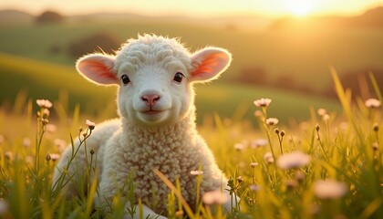 Obraz premium Adorable Lamb in Sunset Meadow