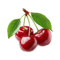 Fresh Red Cherry with Stem, Leaf, and Water Drops Isolated on Transparent Background.