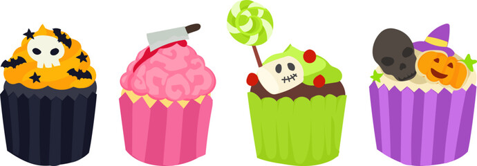 Fototapeta premium Pink Spooky Cupcakes in Hand Drawn Halloween Cupcake Vector Illustration