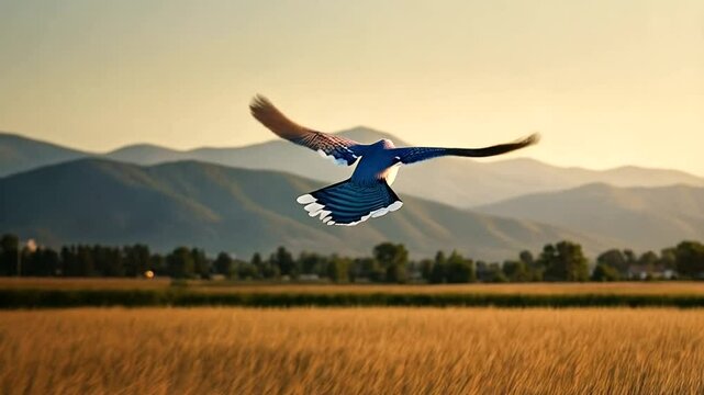 Blue jay flying over a golden wheat field with mountains in the background