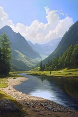 Fototapeta premium river winding through a lush valley, with a lone figure walking along the pebbled shore