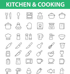 Kitchen and Cooking Line Icons,  Chef Hat, Spoon, Fork, Knife, Pot, Pan, Oven, Cup, Blender, and More in Vector Style

