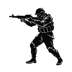 Black silhouette of an armed soldier aiming a rifle in combat stance