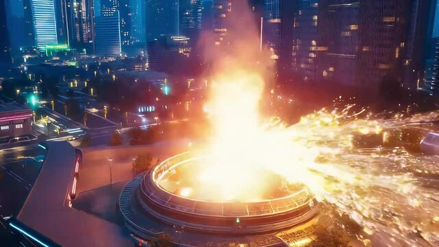 Massive explosion in football stadium sends debris flying. Fiery orange glow and smoke cloud erupt in slow motion action sequence.

