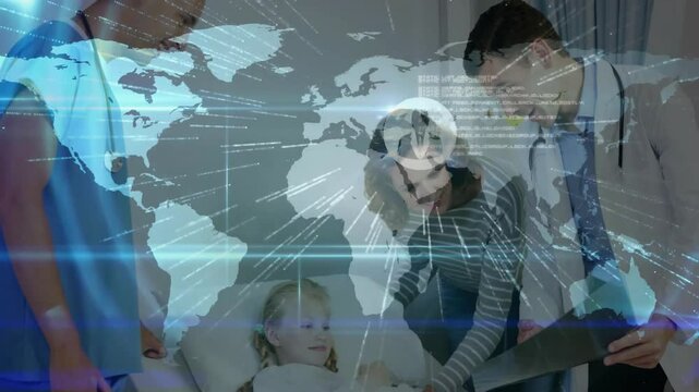 Doctor tapping tab initiating map overlay linking network while mother holding hand hospital bed
