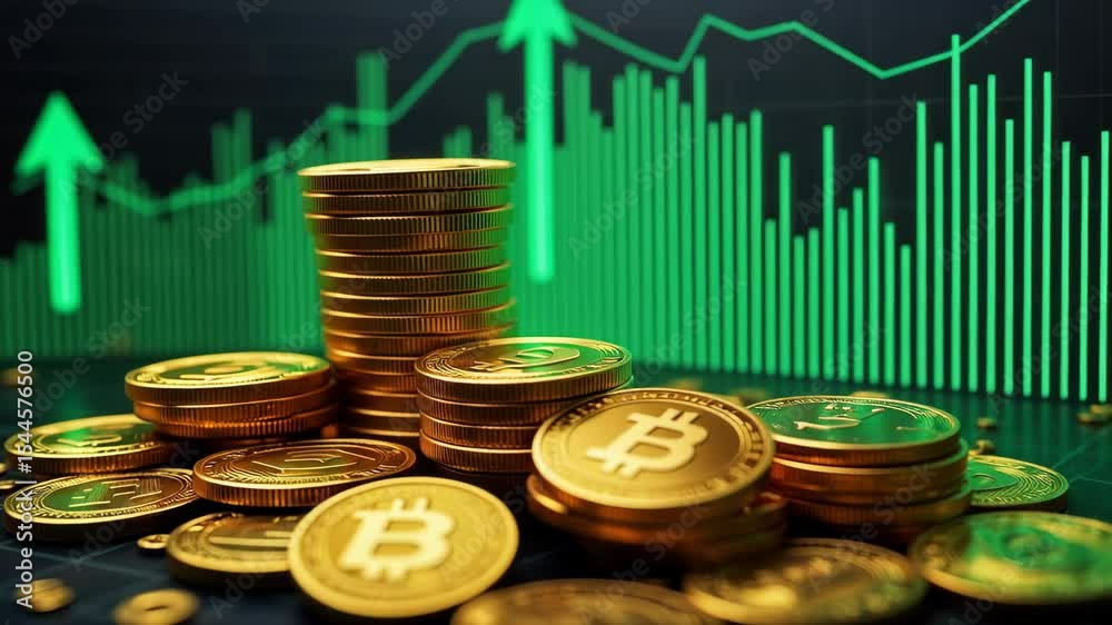 Poster Stacks of golden Bitcoin coins are displayed with a digital trading chart showing market movement in the background.