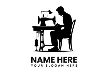 Silhouette of a tailor intently working at a vintage sewing machine.