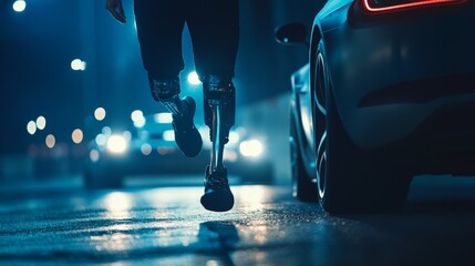 A dynamic runner dashes down a rainy night street, with a sleek sports car vividly captured in the background