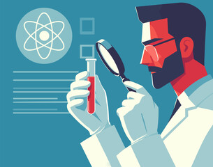 flat design illustrations depicting scientist with a magnifier glass and test tube, science experiment observation