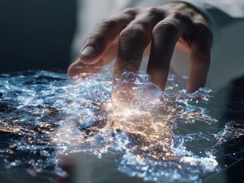 Close-up view of a scientist analyzing a holographic protein map with a quantum grid overlay in a minimalistic lab setting