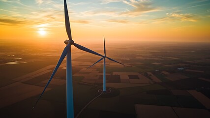 Aerial view of two wind turbines at sunset over agricultural fields
