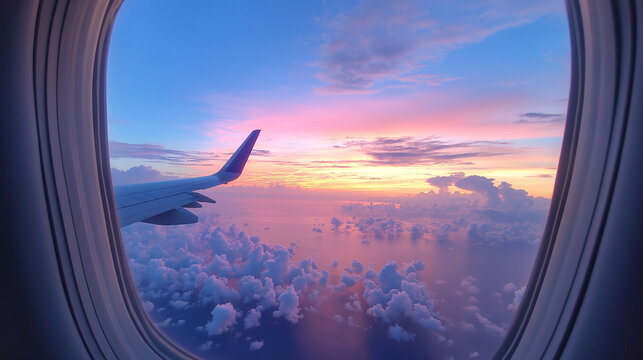 View through an airplane window during the golden hour,  The aircraft wing extends over a sea of fluffy clouds, with a vibrant gradient of orange, pink, and blue in the sky,dramatic perspective. 