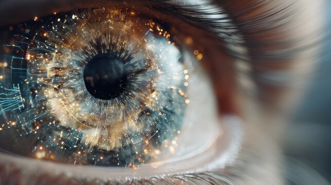 Close-up of a high-tech artificial eye displaying dynamic internal motion and an intricate iris pattern, revealing a futuristic design with minimal external details