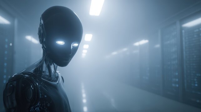 Sleek humanoid AI with glowing eyes stands in a dimly lit data center, exuding an aura of intelligence and technology in a futuristic environment