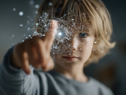 Child engages with friendly AI tutor hologram in a warm, illuminated setting while an educational interface subtly appears in the background