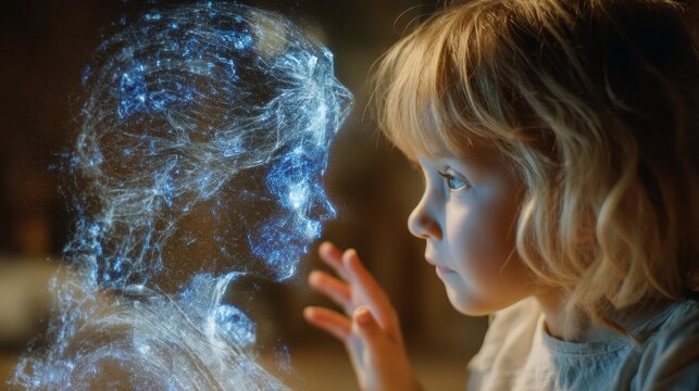 Child engages warmly with a friendly AI tutor hologram in a cozy environment featuring a blurred educational interface