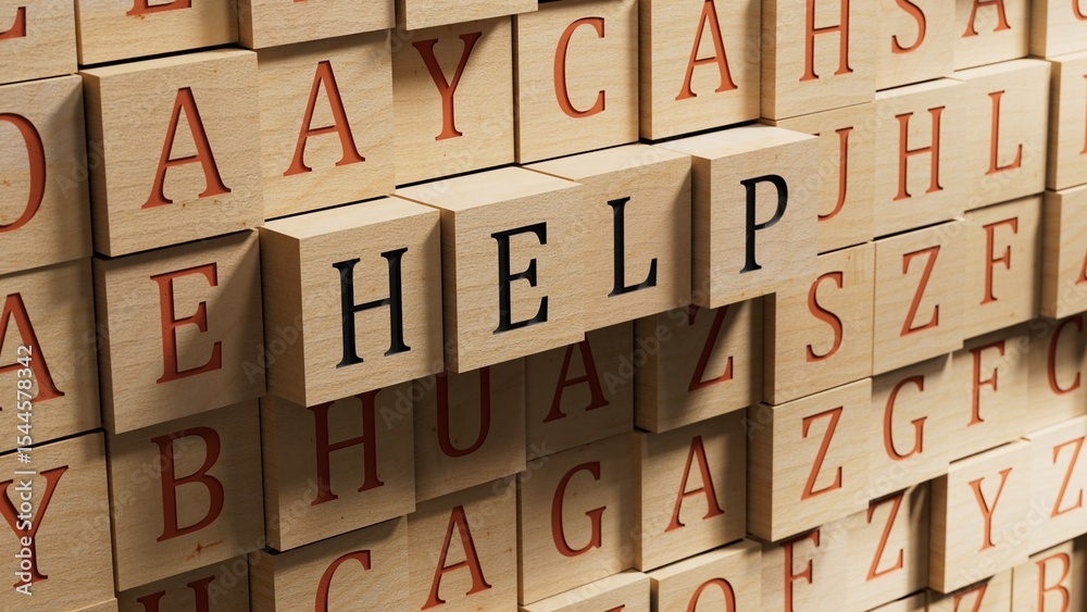 Poster help.wooden blocks spelling.flat lay view from above on wooden blocks buttons.it technology concept.
