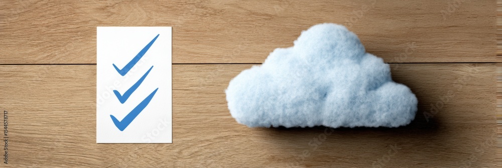 Poster cloud storage safety checklist with blue checkmarks on paper next to a fluffy cloud on wooden table