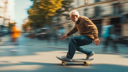 An elderly man joyfully skates along a bustling city street, vividly showcasing his youthful and vibrant spirit