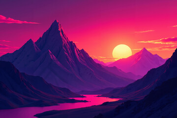 An abstract interpretation of a mountain landscape at sunset