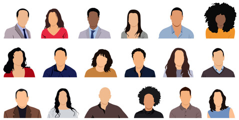 Vector people faces avatars and users collection - Set of illustrations with profile pictures of diverse people in various clothes and styles. Flat design in oval frame on white background 