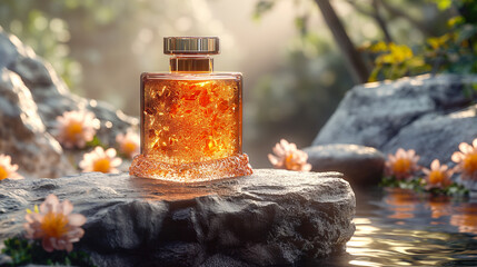 Luxury perfume bottle with golden liquid on rock in serene natural setting