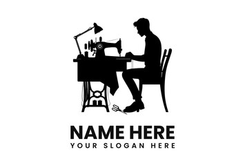 Silhouette of a tailor working at a sewing machine, a design for a business logo.