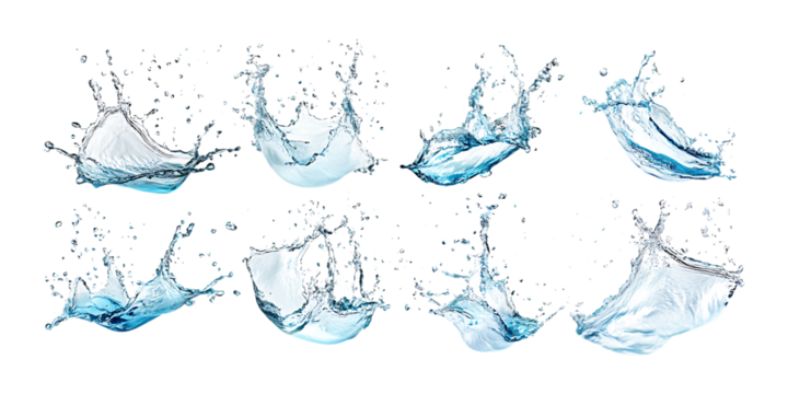 Pack Collection Water Splash Collection Realistic Blue Water Splashes for Design Projects set against transparent background