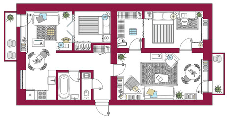 House or apartment architectural sketch. Drawing of building. Set of furniture icons for floor plan and interior design all residential rooms. Vector