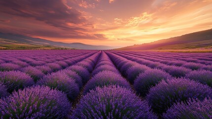 Obraz premium Lavender field at vibrant sunset. Vast rows of purple blooms stretch towards a dramatic, colorful sky