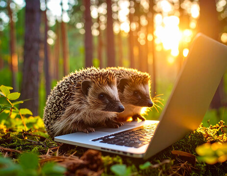 Two hedgehogs in the forest are working on a laptop