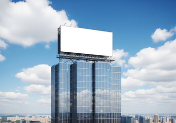 Blank Billboard Mockup on Top of a Modern Skyscraper with Blue Sky