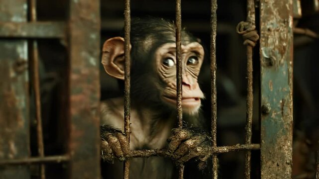 A monkey in a cage looking through the bars