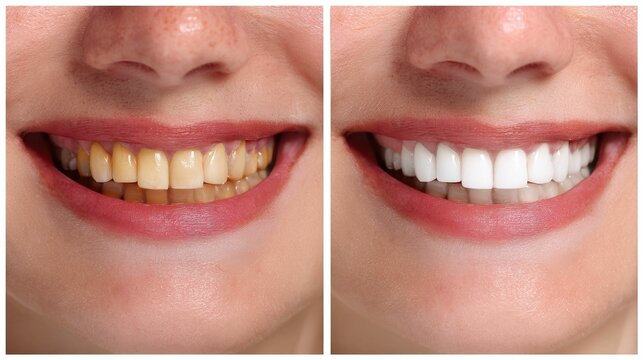 Before & after photo of teeth, showing yellowing & bright, white teeth